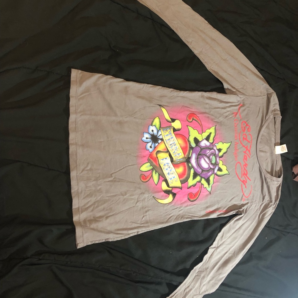 Ed Hardy grey long sleeve shirt with print on it